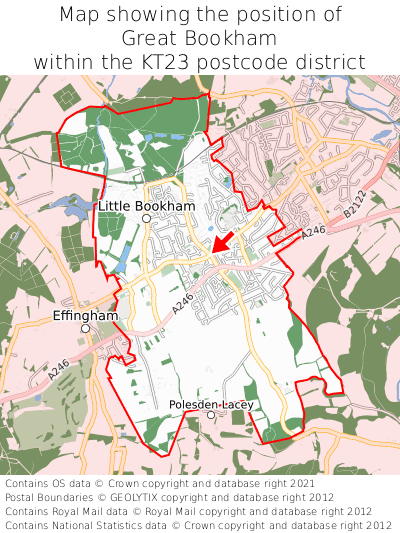 Map showing location of Great Bookham within KT23