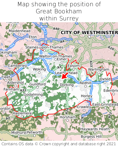 Map showing location of Great Bookham within Surrey