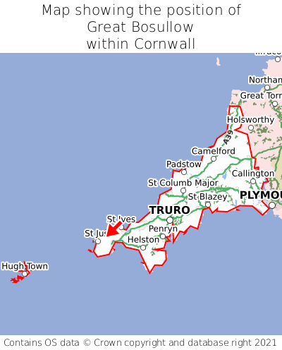 Map showing location of Great Bosullow within Cornwall