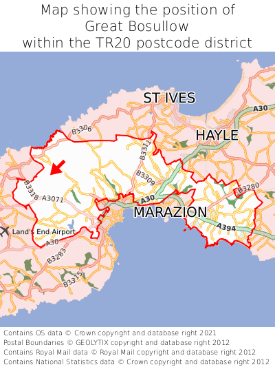 Map showing location of Great Bosullow within TR20