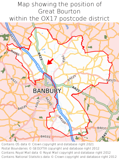 Map showing location of Great Bourton within OX17