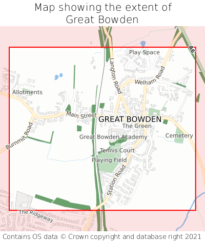 Map showing extent of Great Bowden as bounding box