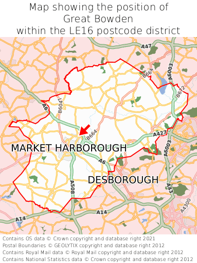 Map showing location of Great Bowden within LE16