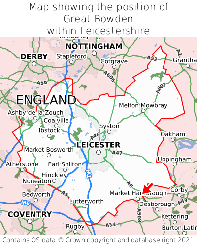 Map showing location of Great Bowden within Leicestershire