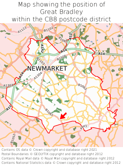 Map showing location of Great Bradley within CB8