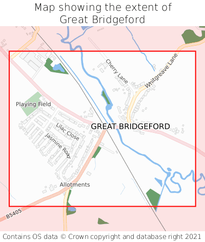 Map showing extent of Great Bridgeford as bounding box