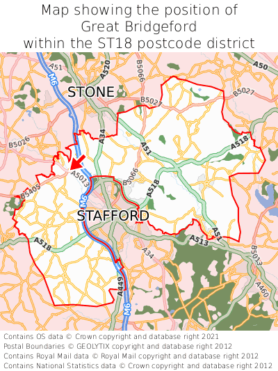 Map showing location of Great Bridgeford within ST18