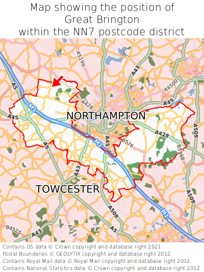 Map showing location of Great Brington within NN7