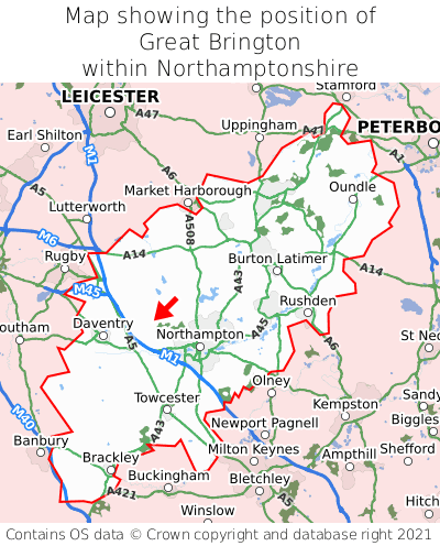 Map showing location of Great Brington within Northamptonshire