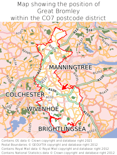 Map showing location of Great Bromley within CO7