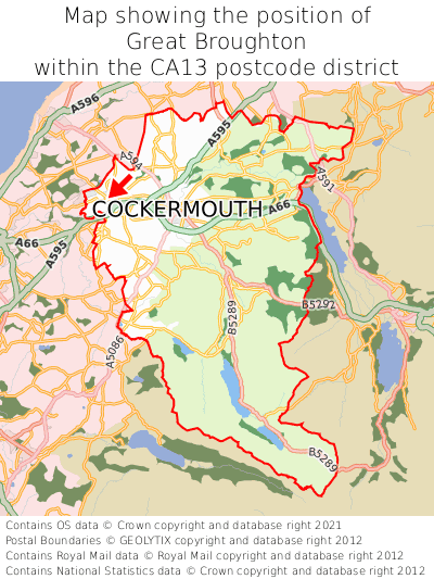 Map showing location of Great Broughton within CA13