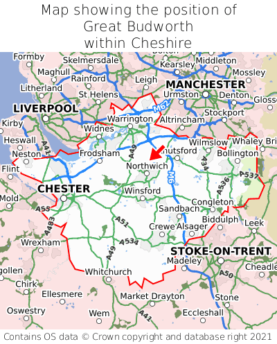 Map showing location of Great Budworth within Cheshire
