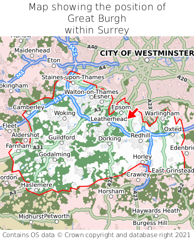 Map showing location of Great Burgh within Surrey