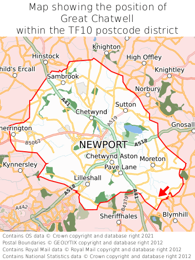 Map showing location of Great Chatwell within TF10