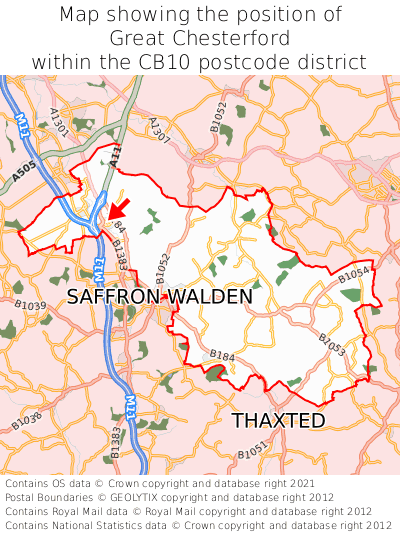 Map showing location of Great Chesterford within CB10