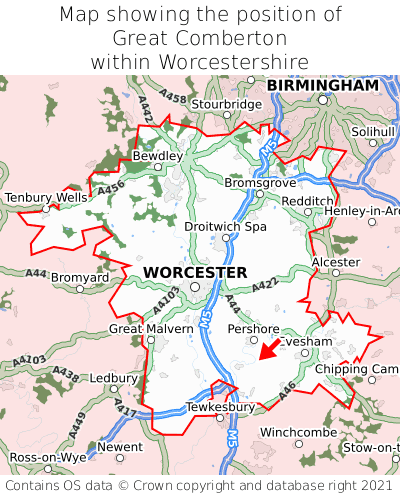 Map showing location of Great Comberton within Worcestershire