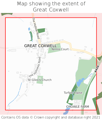 Map showing extent of Great Coxwell as bounding box