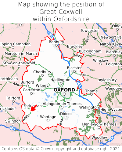 Map showing location of Great Coxwell within Oxfordshire