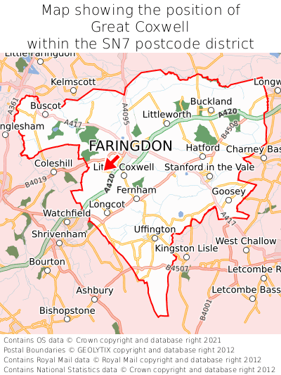 Map showing location of Great Coxwell within SN7