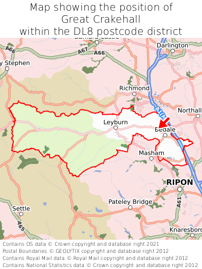 Map showing location of Great Crakehall within DL8