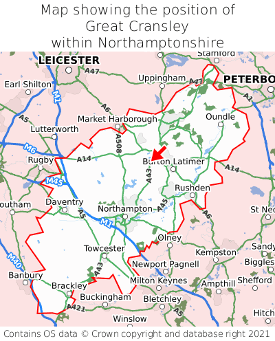 Map showing location of Great Cransley within Northamptonshire