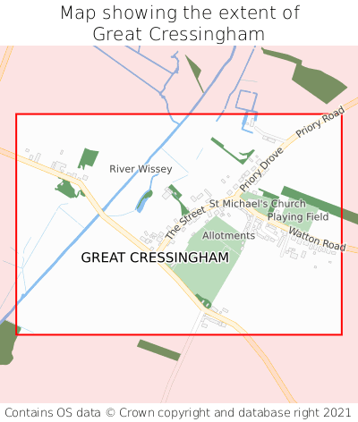 Map showing extent of Great Cressingham as bounding box
