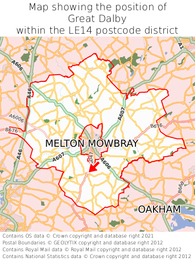 Map showing location of Great Dalby within LE14