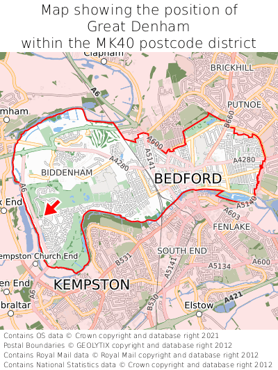 Map showing location of Great Denham within MK40