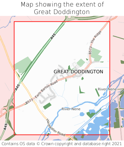 Map showing extent of Great Doddington as bounding box