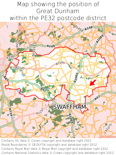 Map showing location of Great Dunham within PE32