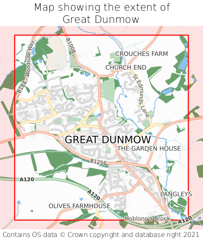 Map showing extent of Great Dunmow as bounding box