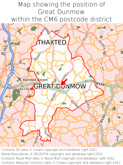 Map showing location of Great Dunmow within CM6
