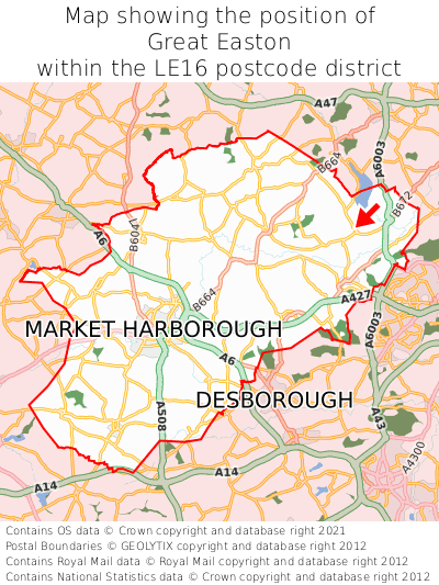 Map showing location of Great Easton within LE16