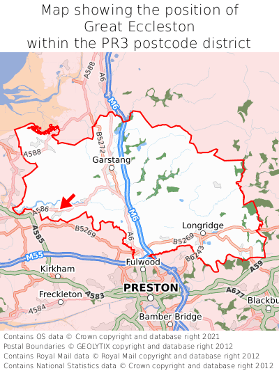 Map showing location of Great Eccleston within PR3