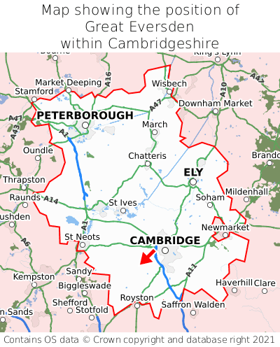 Map showing location of Great Eversden within Cambridgeshire