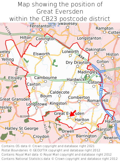 Map showing location of Great Eversden within CB23