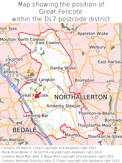 Map showing location of Great Fencote within DL7