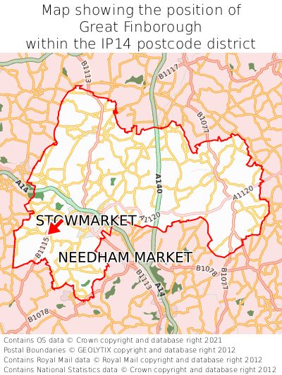 Map showing location of Great Finborough within IP14