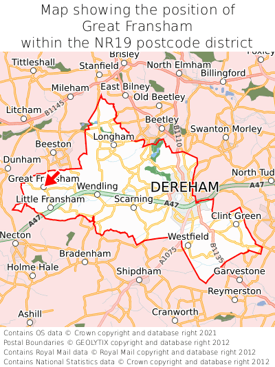 Map showing location of Great Fransham within NR19