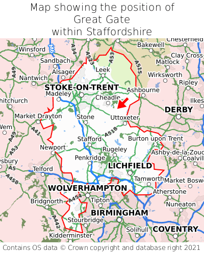 Map showing location of Great Gate within Staffordshire