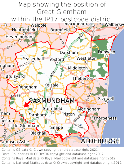 Map showing location of Great Glemham within IP17