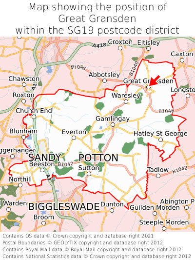 Map showing location of Great Gransden within SG19