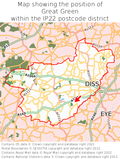 Map showing location of Great Green within IP22