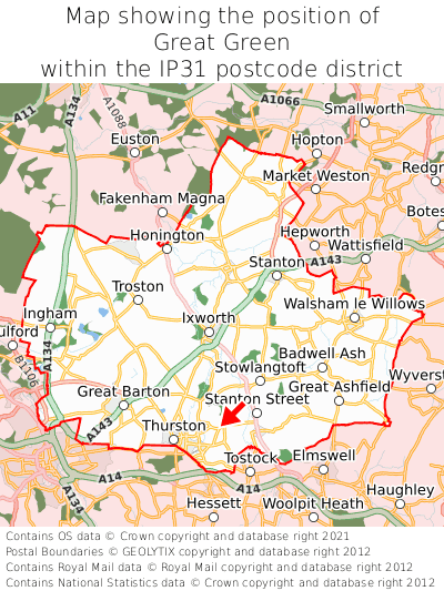 Map showing location of Great Green within IP31