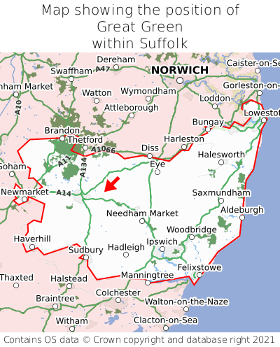Map showing location of Great Green within Suffolk