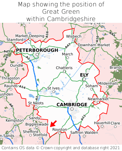 Map showing location of Great Green within Cambridgeshire