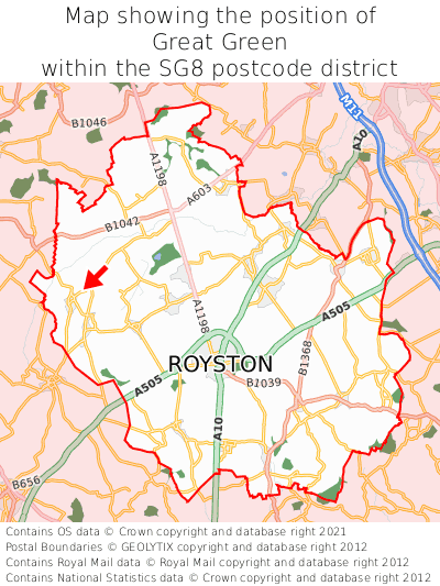 Map showing location of Great Green within SG8
