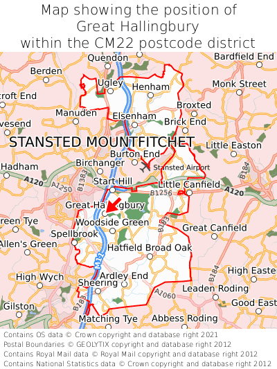 Map showing location of Great Hallingbury within CM22