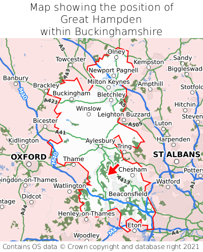 Map showing location of Great Hampden within Buckinghamshire