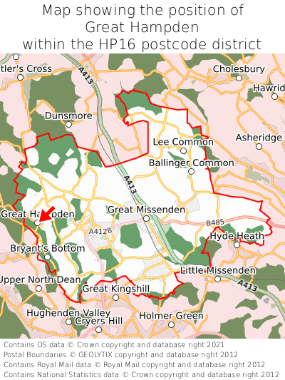 Map showing location of Great Hampden within HP16